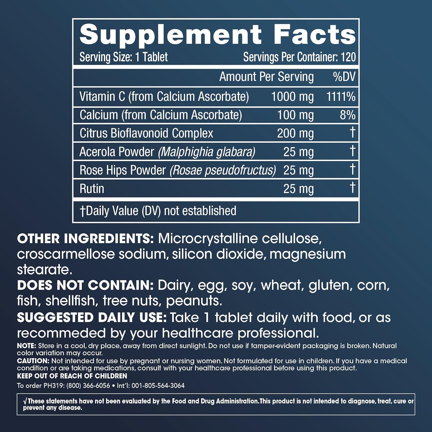 High Potency Vitamin C Complex with Bioflavonoids, Acerola, Rose HIPS, and Rutin - 1000mg, 120 Tablets