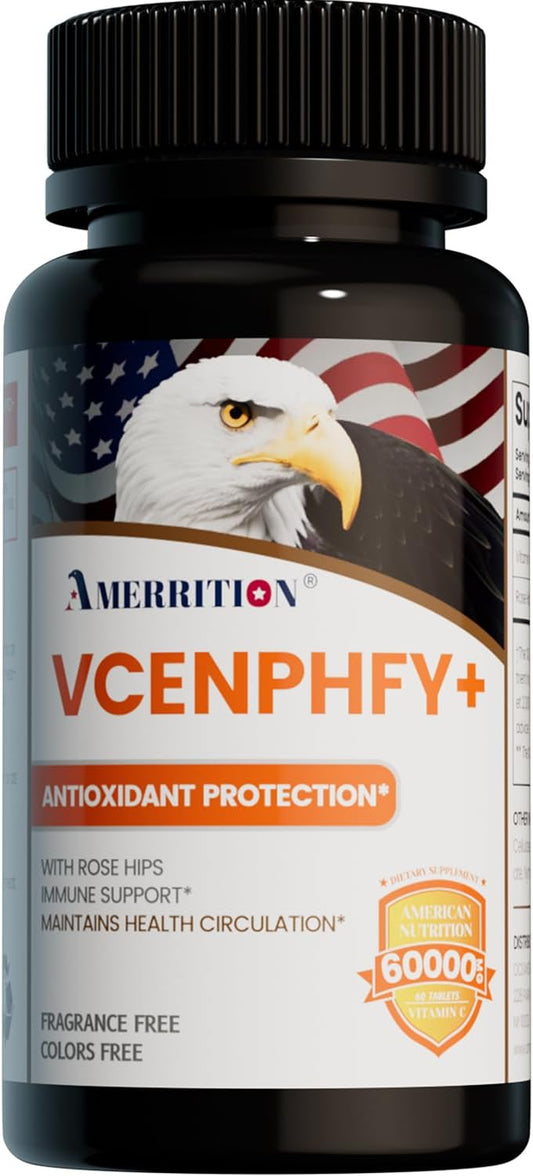 High-Potency Vitamin C Tablets with Rose HIPS Powder - 60 Tablets for Immune Support & Antioxidant Protection