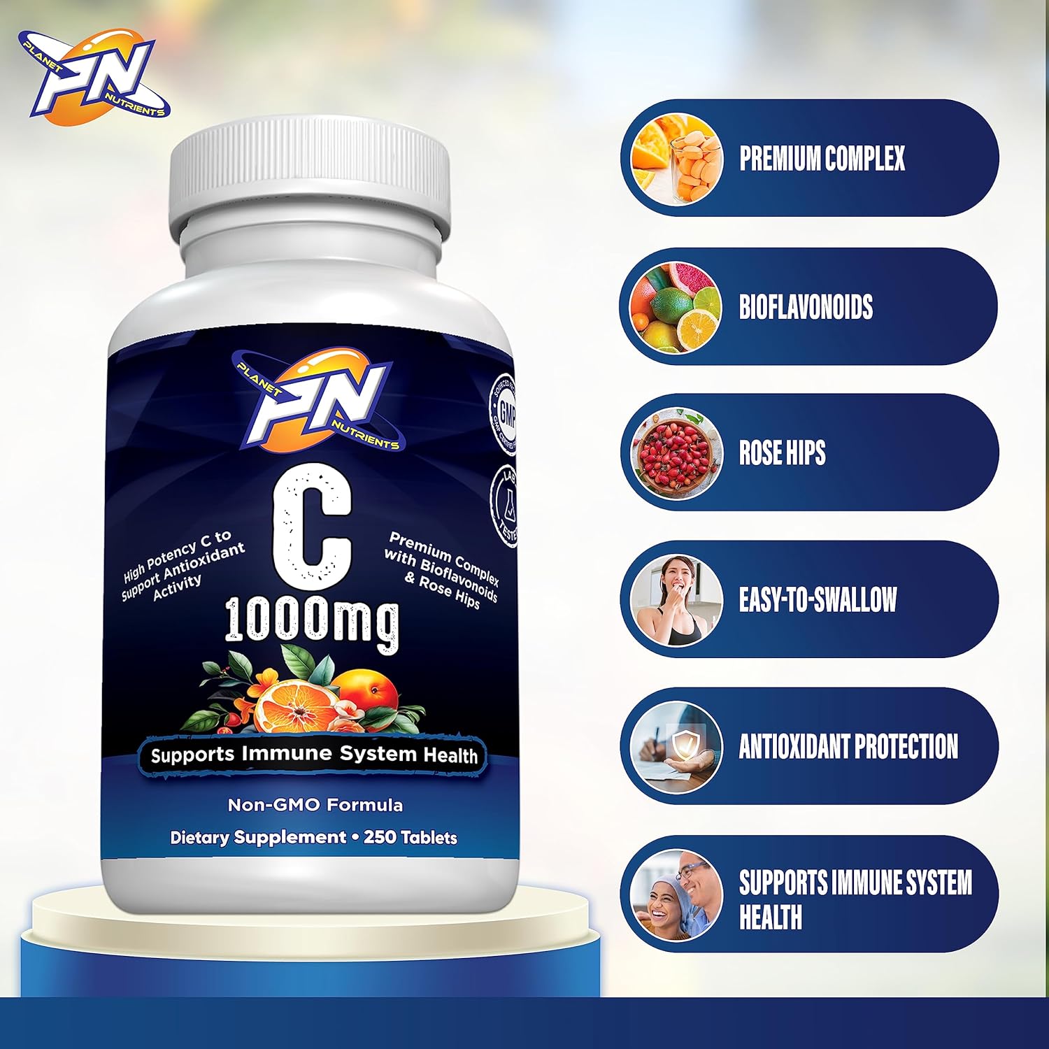High Potency Vitamin C with Bioflavonoids and Rose Hips - 250 Capsules for Immune System Support by Planet Nutrients