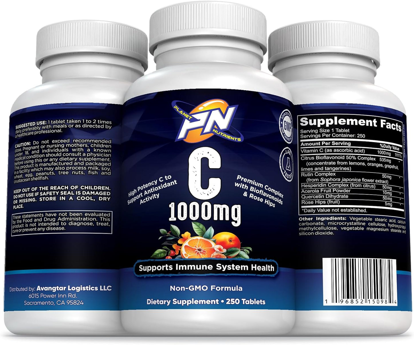 High Potency Vitamin C with Bioflavonoids and Rose Hips - 250 Capsules for Immune System Support by Planet Nutrients