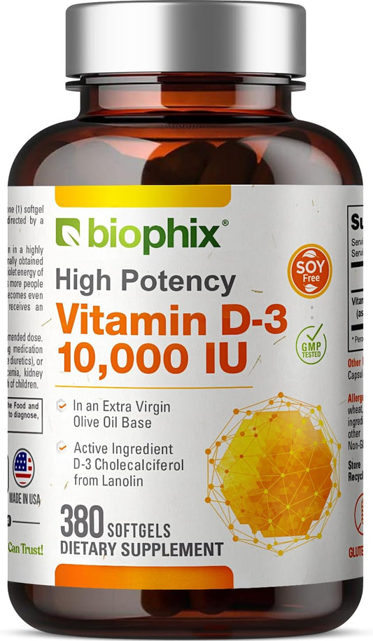 High-Potency Vitamin D-3 10000 IU Softgels in Extra Virgin Olive Oil - Non-GMO, Soy-Free, Supports Strong Bones and Immune Health