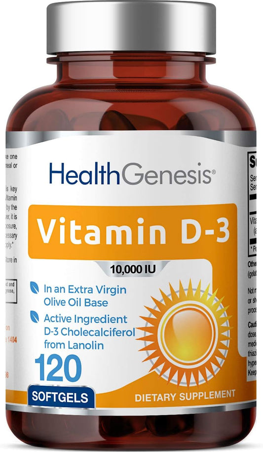 High-Potency Vitamin D-3 10000 IU Softgels with Extra Virgin Olive Oil - Non-GMO, Soy-Free Formula for Strong Bones & Immune Health - 120 Count