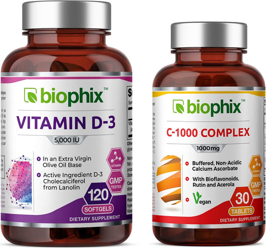 High-Potency Vitamin D-3 5000 IU Softgels with Free Vitamin C-1000 Tablets - Supports Strong Bones and Immune Health - Non-GMO Soy-Free Formula