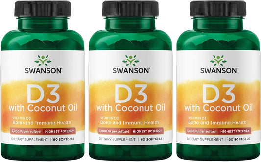 High Potency Vitamin D-3 with Coconut for Bone Health & Immune Support - 60 Softgels, 125mcg - Boosts Calcium Absorption