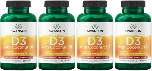 High Potency Vitamin D-3 with Coconut for Bone Health & Immune Support - 60 Softgels, 125mcg - Supports Calcium Absorption