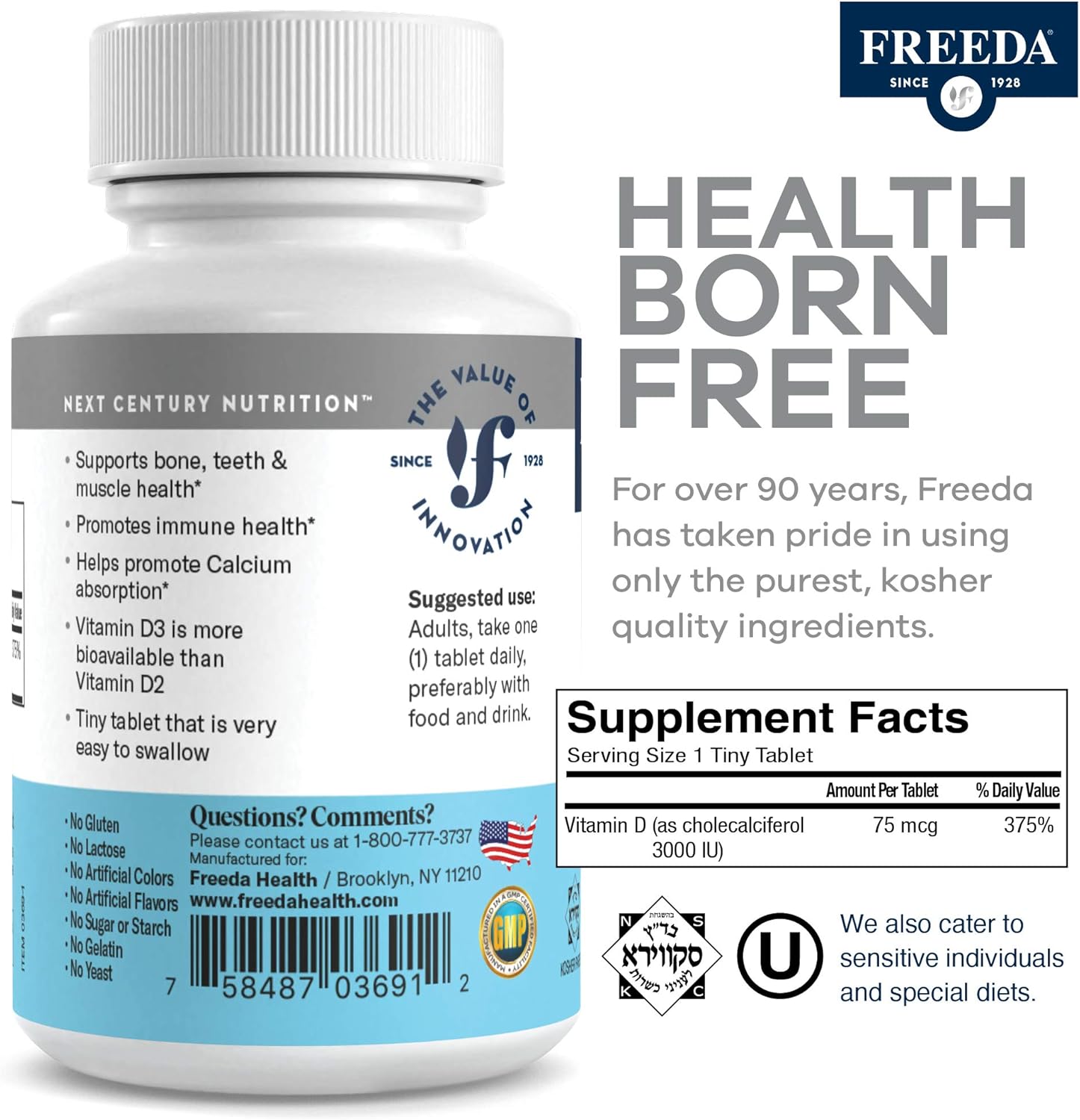 High Potency Vitamin D3-3000 IU Tablets for Bone & Muscle Health, Immune Support - 250 Count - Kosher Supplement for Men and Women