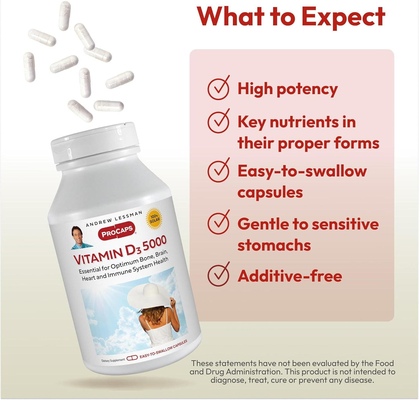 High Potency Vitamin D3 5000 IU Capsules for Bone Health, Muscle Function, and Immune Support - Easy to Swallow