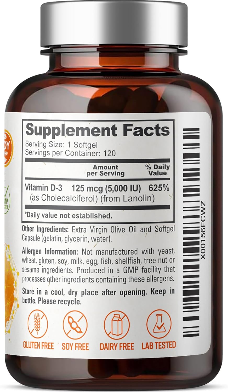 High-Potency Vitamin D3 5000 IU Softgels - 120 Count (125mcg) - Non-GMO, Soy Free - Supports Bone & Immune Health - for Men & Women