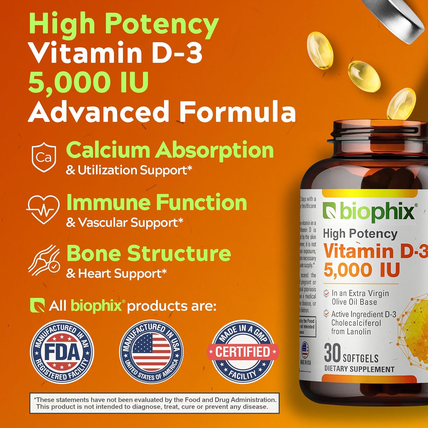 High-Potency Vitamin D3 5000 IU Softgels - 30 Count (125mcg) - Non-GMO Soy Free Supplement for Strong Bones & Immune Health