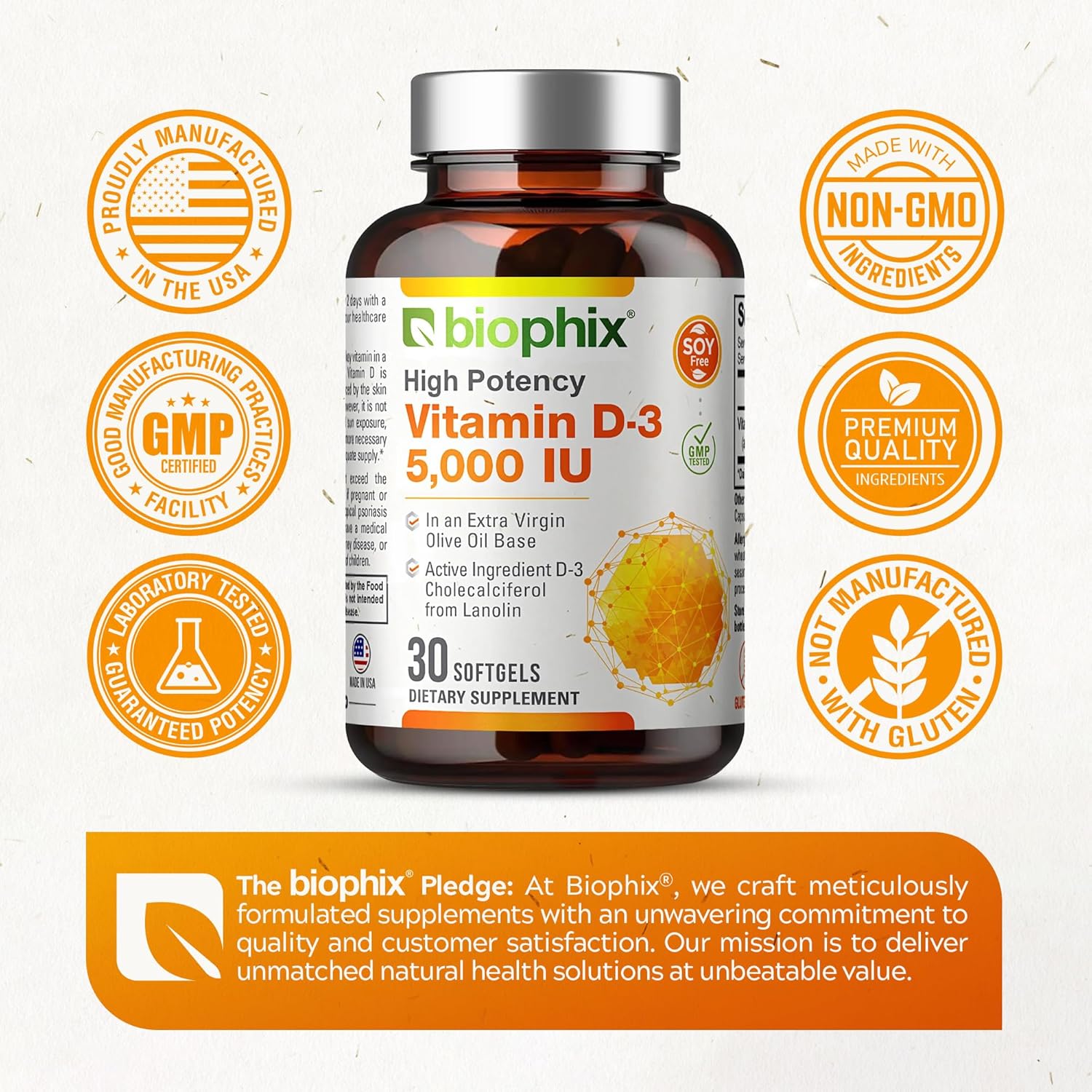 High-Potency Vitamin D3 5000 IU Softgels - 30 Count (125mcg) - Non-GMO Soy Free Supplement for Strong Bones & Immune Health