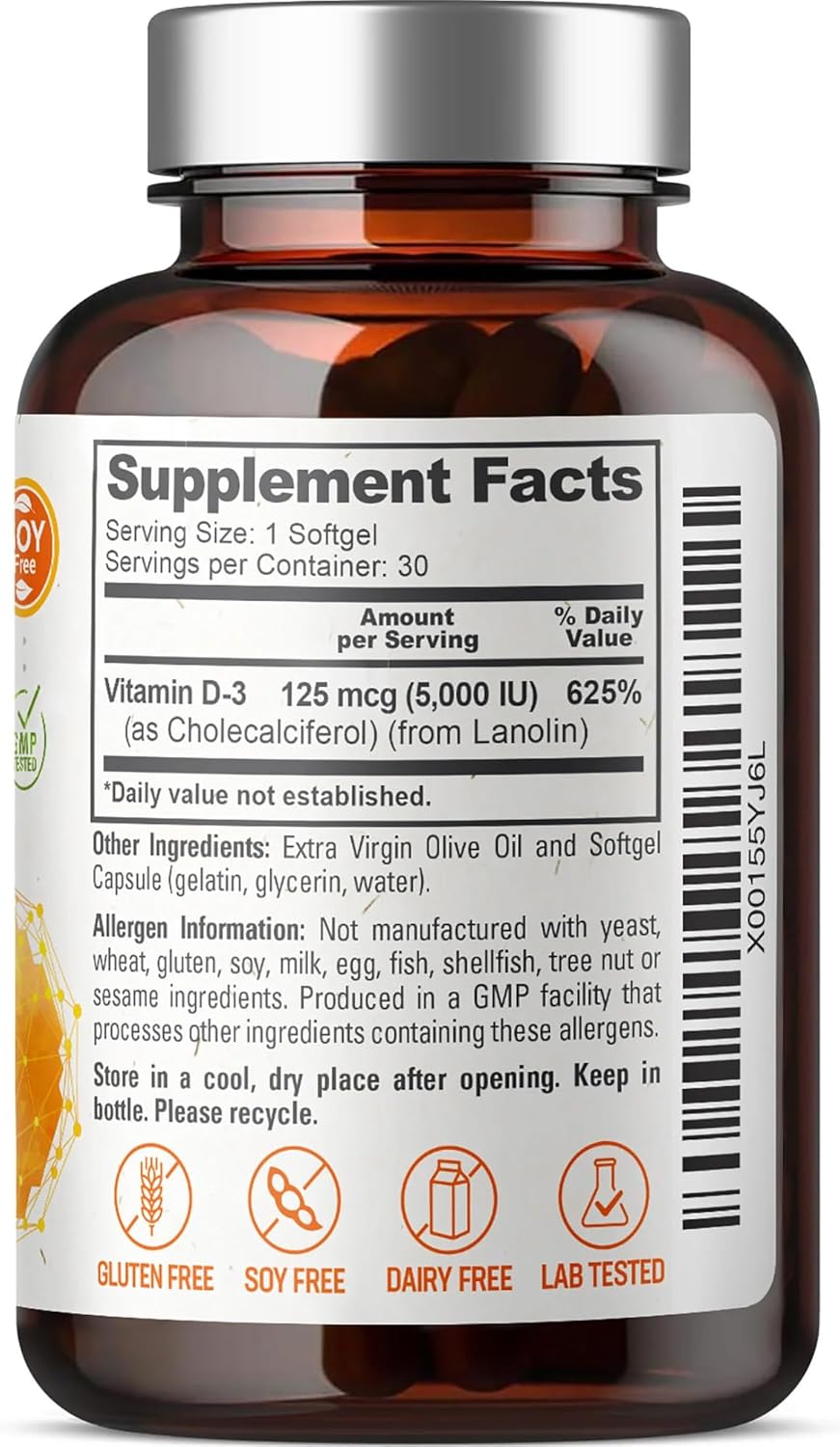 High-Potency Vitamin D3 5000 IU Softgels - 30 Count (125mcg) - Non-GMO Soy Free Supplement for Strong Bones & Immune Health