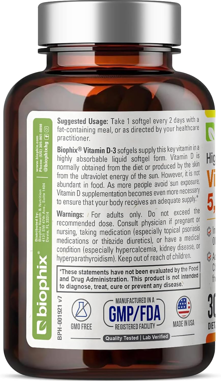 High-Potency Vitamin D3 5000 IU Softgels - 30 Count (125mcg) - Non-GMO Soy Free Supplement for Strong Bones & Immune Health