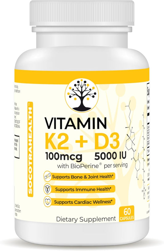 High Potency Vitamin D3 K2 Supplement for Bone, Joint, Immune, and Cardiac Health - 5000 IU, Gluten Free - 60 Capsules