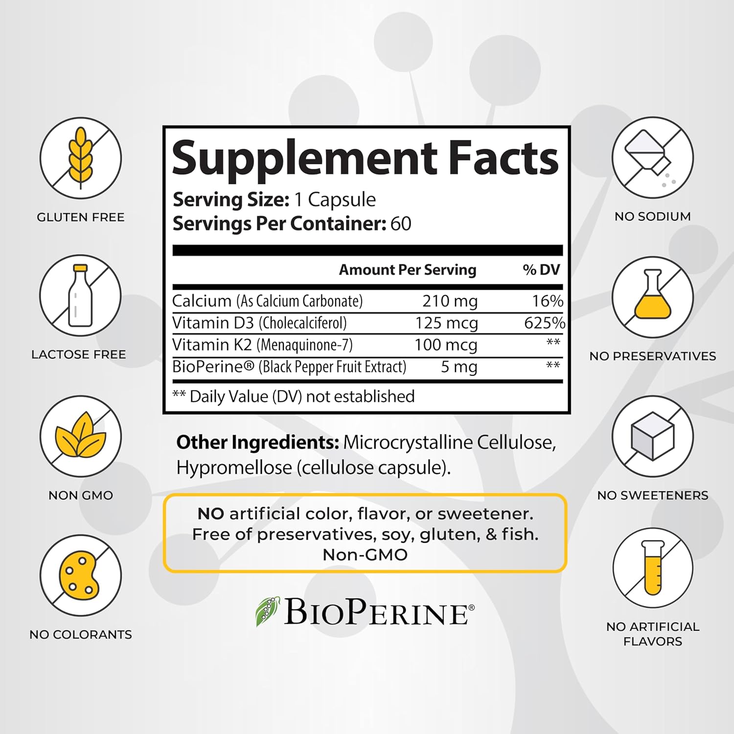 High Potency Vitamin D3 K2 Supplement for Bone, Joint, Immune, and Cardiac Health - 5000 IU, Gluten Free - 60 Capsules
