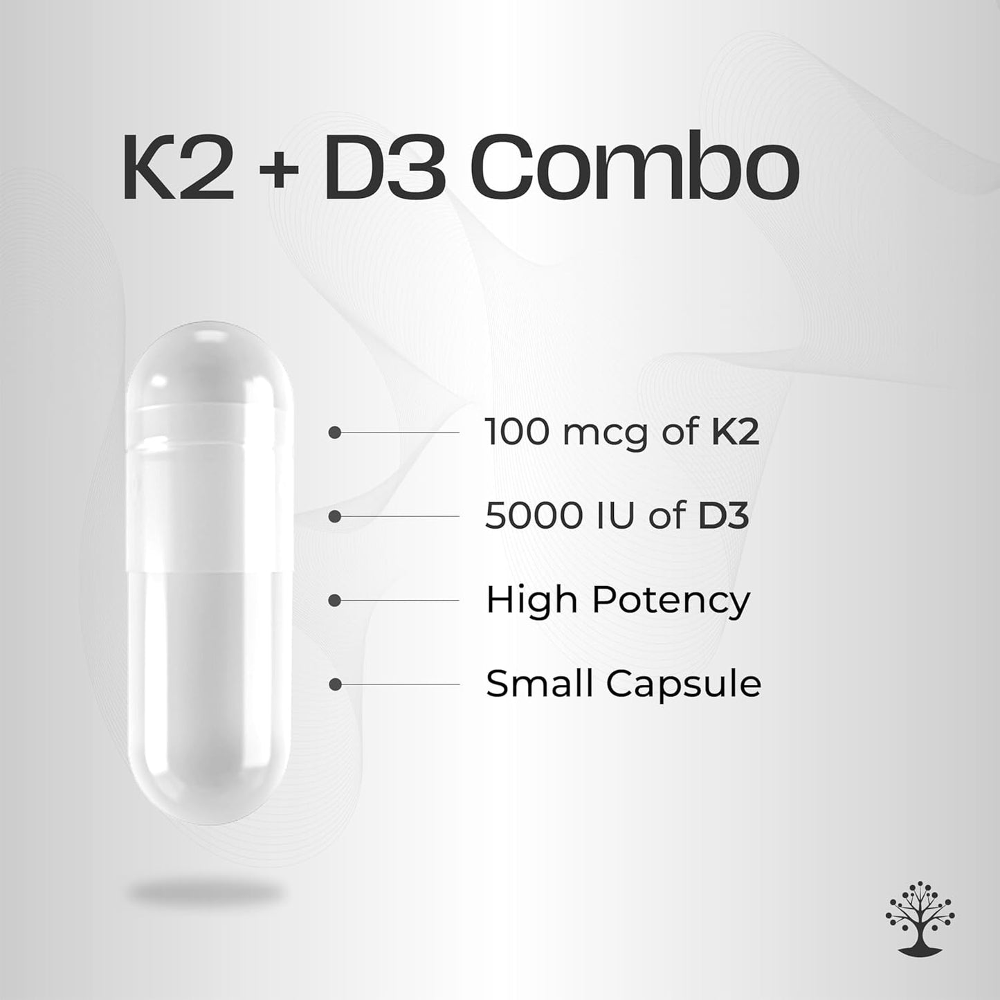High Potency Vitamin D3 K2 Supplement for Bone, Joint, Immune, and Cardiac Health - 5000 IU, Gluten Free - 60 Capsules
