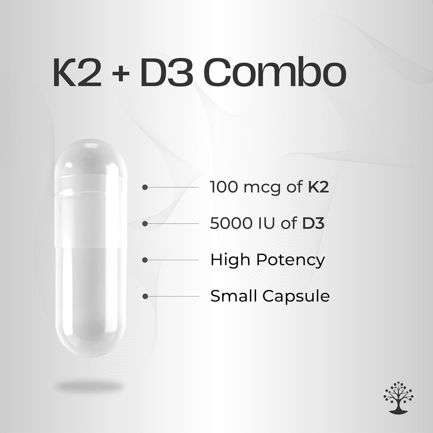 High Potency Vitamin D3 K2 Supplement for Bone, Joint, Immune, and Cardiac Health - 5000 IU, Gluten Free - 60 Capsules