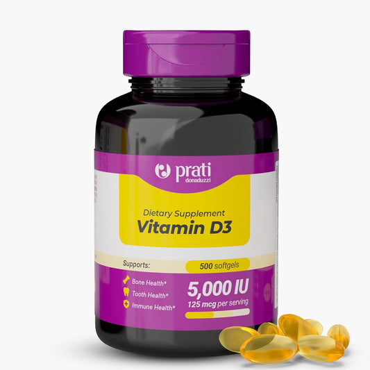 High Potency Vitamin D3 Softgels - 5,000 IU for Immune Support and Bone Health - 500 Capsules - Non-GMO, Gluten-Free - Easy to Swallow for Adults and Seniors