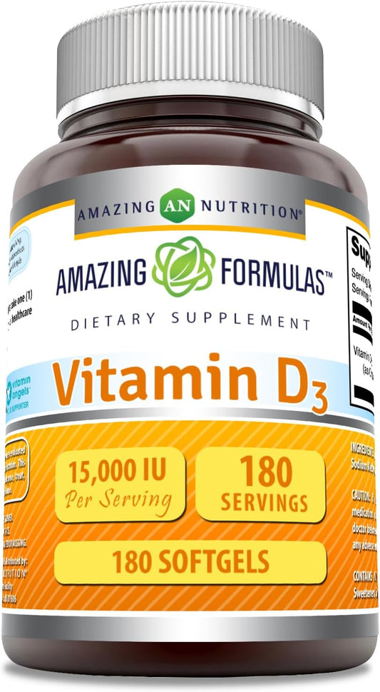 High Potency Vitamin D3 Supplement | 15000 IU Per Serving | Softgels | Non-GMO | Gluten Free | Made in USA (180 Count)