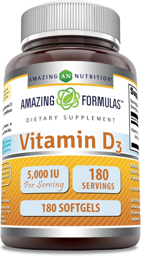 High Potency Vitamin D3 Supplement | 5000 IU per Serving | 180 Softgels | Non-GMO & Gluten-Free | Made in USA by Amazing Nutrition