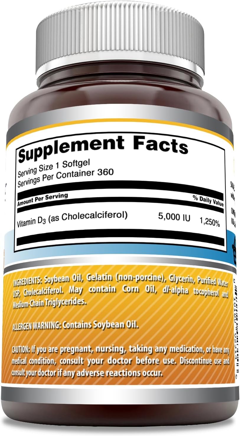 High Potency Vitamin D3 Supplement | 5000 IU per Serving | 360 Softgels | Non-GMO & Gluten-Free | Made in USA by Amazing Nutrition