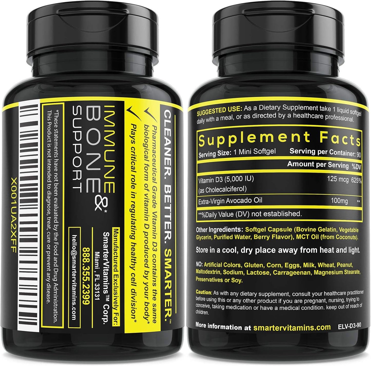 High Potency Vitamin D3 Supplement 5000 IU with Avocado Oil - 90 Mini Softgels for Enhanced Absorption