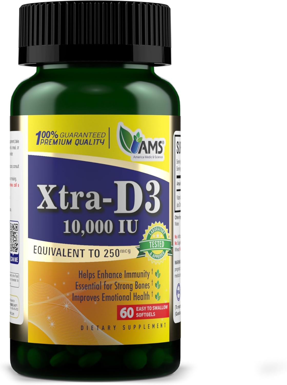 High Potency Vitamin D3 Supplement for Bone, Heart, and Immune Health - 10,000 IU (250 mcg) Softgels for Men & Women