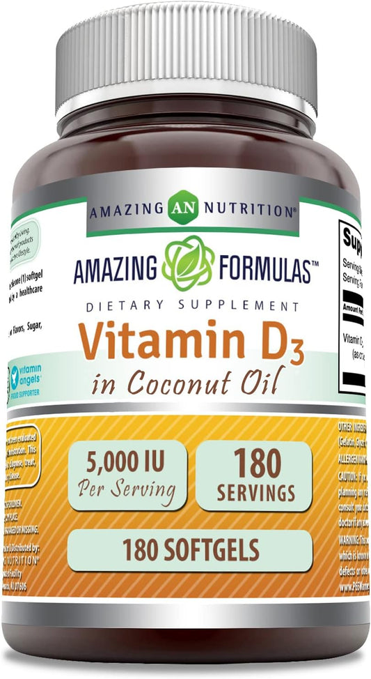 High Potency Vitamin D3 Supplement with Coconut Oil | 5000 IU | 180 Softgels | Non-GMO | Gluten Free | Made in USA