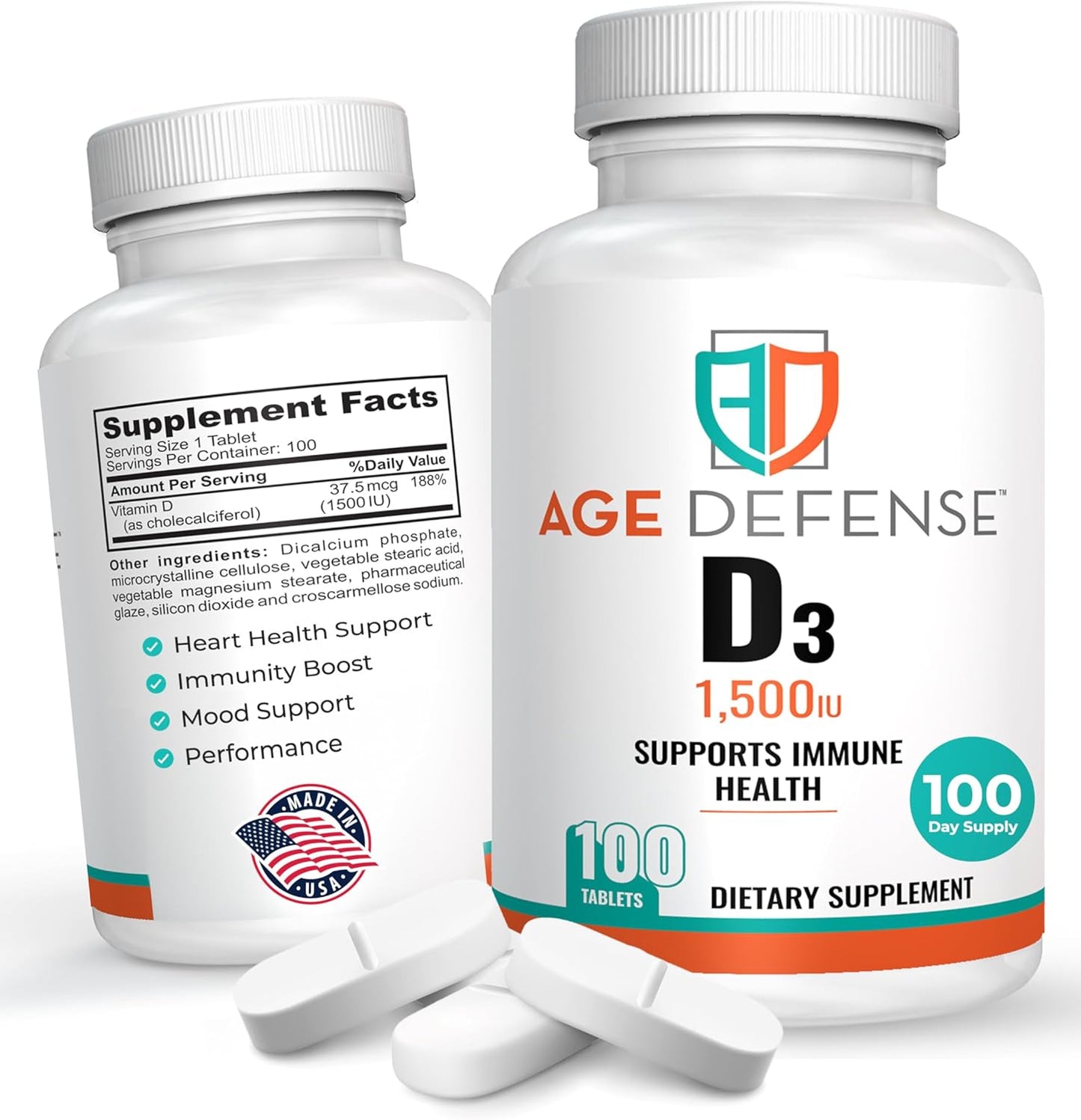 High Potency Vitamin D3 Tablets for Heart Health, Immune Support, and Muscle Function - 1500 IU Age Defense Supplement for Men and Women - 35.7 mcg D3 Tablets