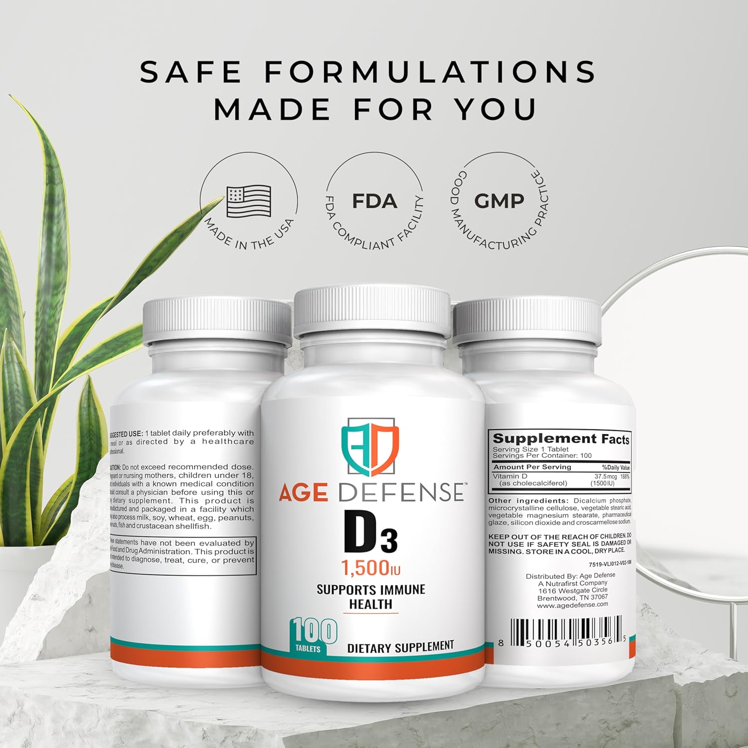 High Potency Vitamin D3 Tablets for Heart Health, Immune Support, and Muscle Function - 1500 IU Age Defense Supplement for Men and Women - 35.7 mcg D3 Tablets