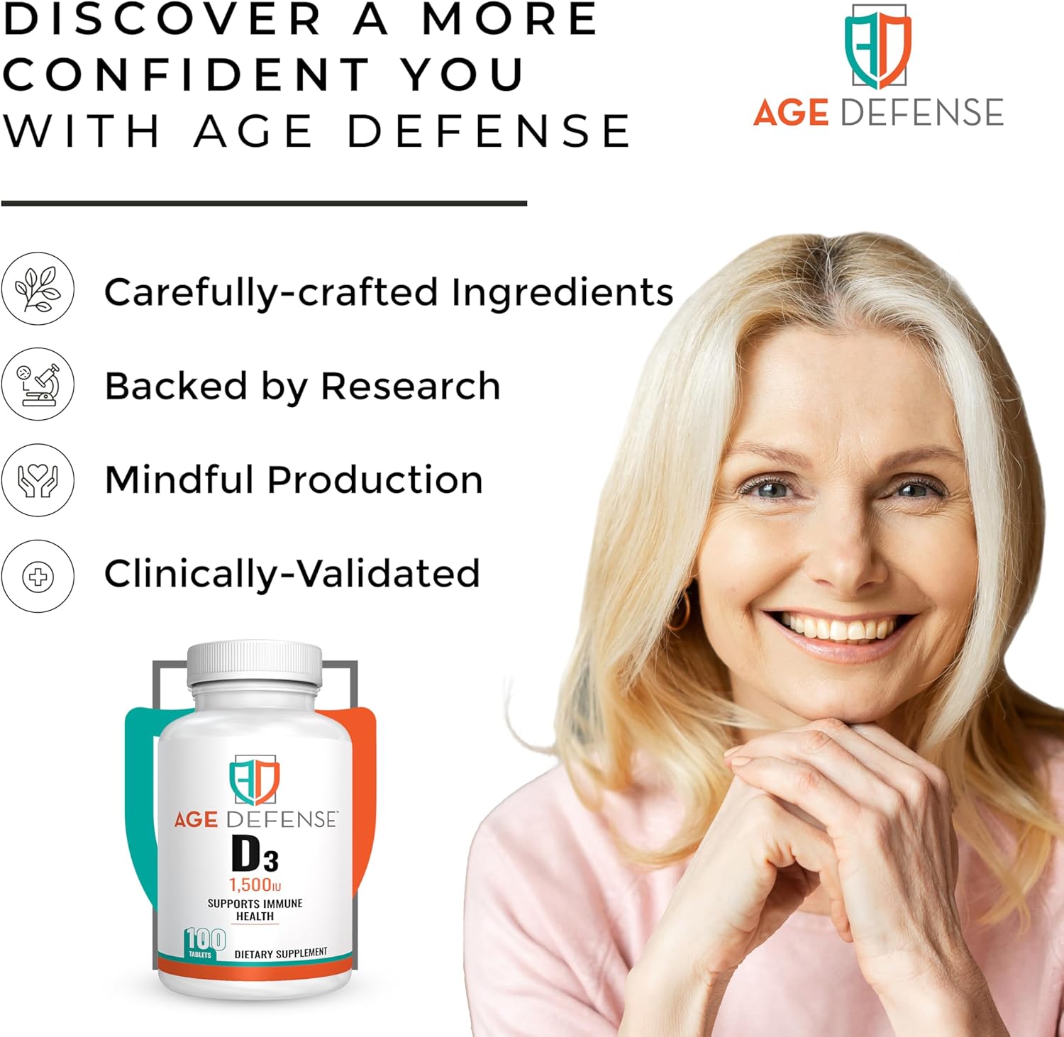 High Potency Vitamin D3 Tablets for Heart Health, Immune Support, and Muscle Function - 1500 IU Age Defense Supplement for Men and Women - 35.7 mcg D3 Tablets