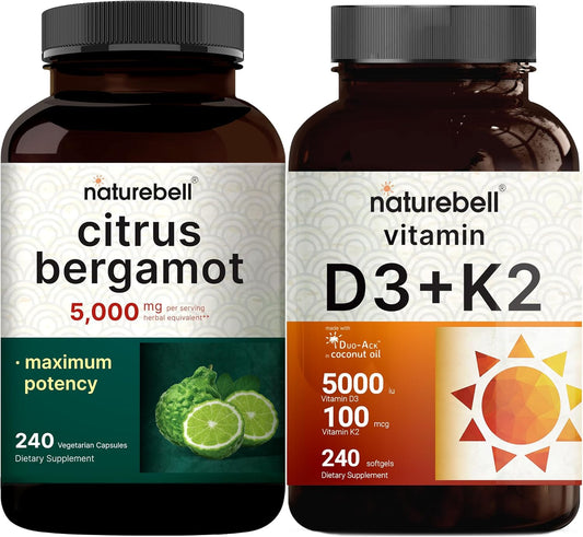 High-Potency Vitamin D3 with K2 MK-7 and Citrus Bergamot Bundle Pack for Immune Support | Bioavailable Coconut Oil Softgels with Antioxidants
