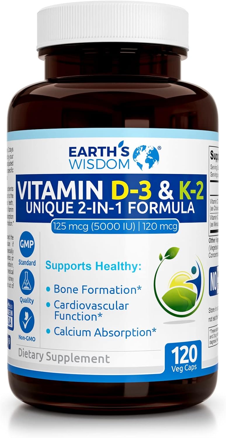 High Potency Vitamin D3 with K2 (MK7) for Bone, Muscle, Heart & Immune Health - 5000 IU, 120 Capsules - Non-GMO, Gluten & Dairy Free - Made in USA