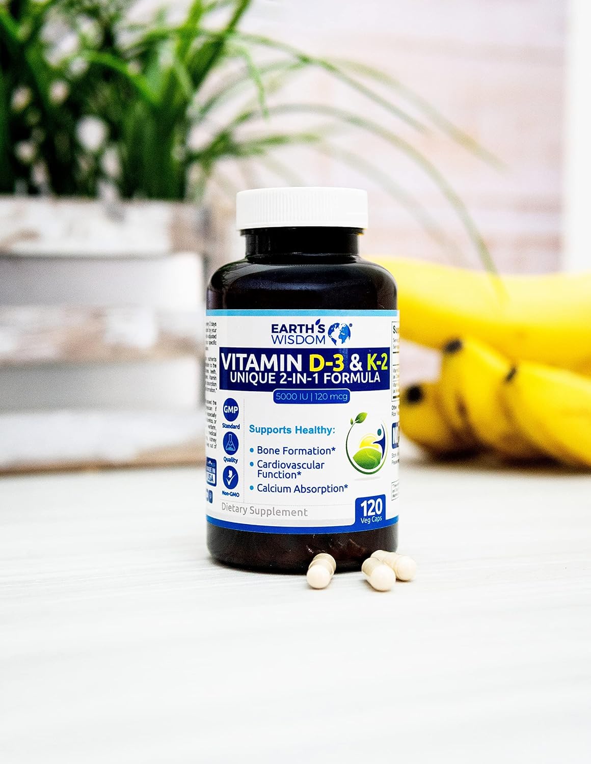 High Potency Vitamin D3 with K2 (MK7) for Bone, Muscle, Heart & Immune Health - 5000 IU, 120 Capsules - Non-GMO, Gluten & Dairy Free - Made in USA