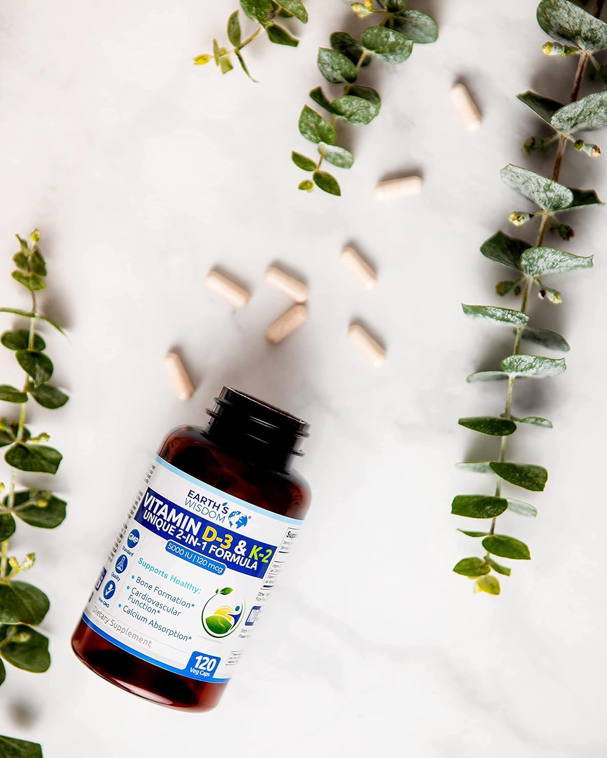 High Potency Vitamin D3 with K2 (MK7) for Bone, Muscle, Heart & Immune Health - 5000 IU, 120 Capsules - Non-GMO, Gluten & Dairy Free - Made in USA