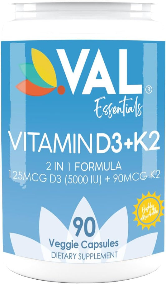 High Potency Vitamin K2 + D3 Supplement - 5000 IU D3 & 90 mcg K2 MK-7 - Non-GMO Complex - Easy to Swallow - 90 Vegetarian Capsules
