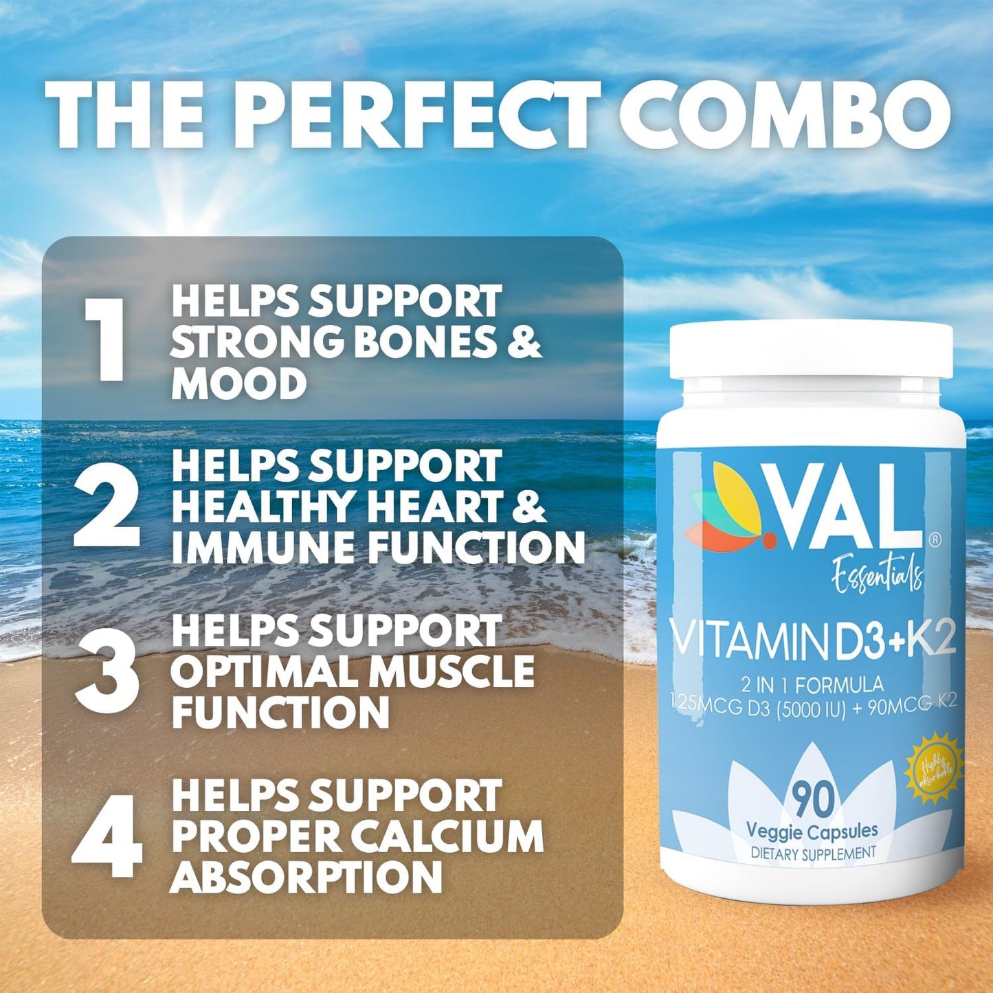 High Potency Vitamin K2 + D3 Supplement - 5000 IU D3 & 90 mcg K2 MK-7 - Non-GMO Complex - Easy to Swallow - 90 Vegetarian Capsules