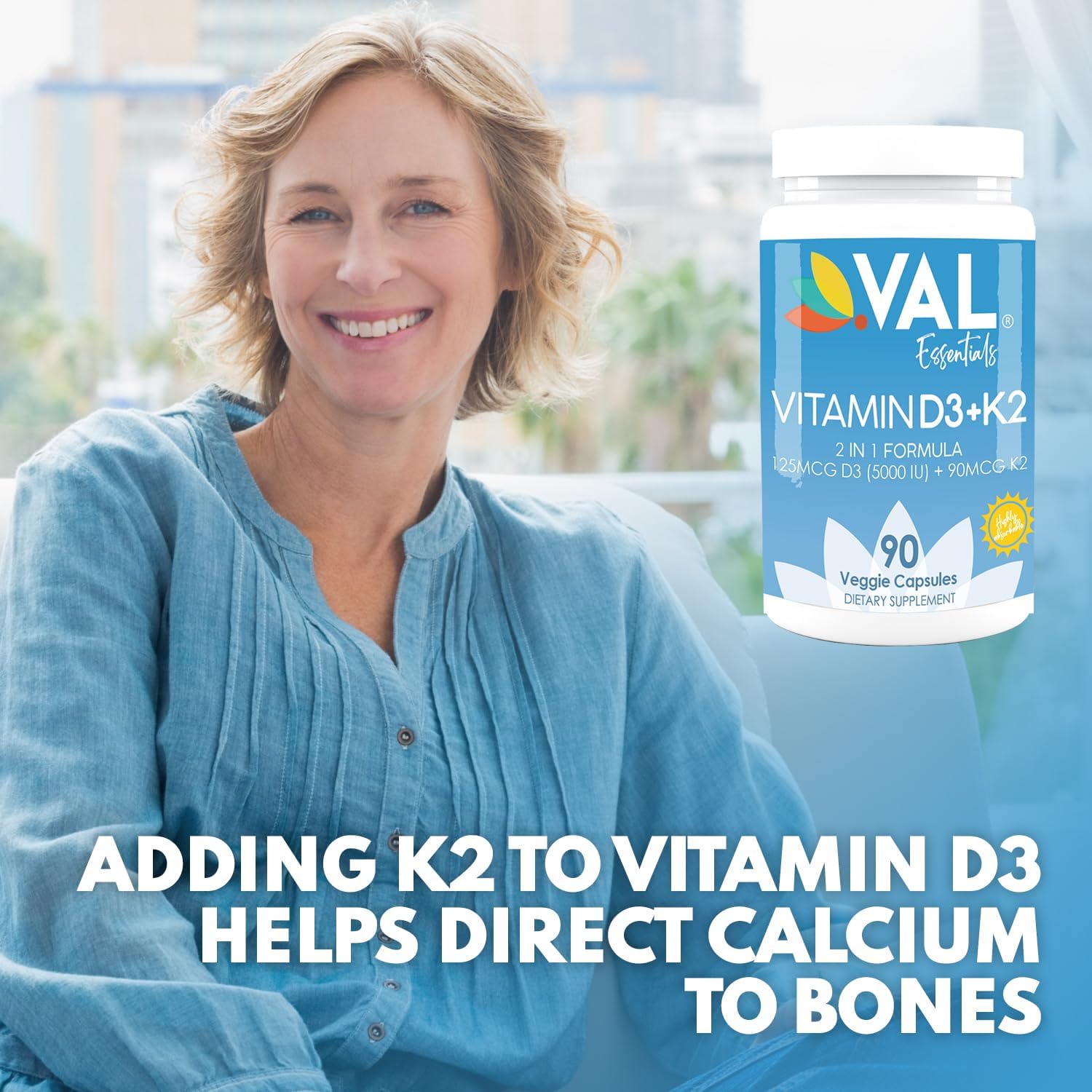High Potency Vitamin K2 + D3 Supplement - 5000 IU D3 & 90 mcg K2 MK-7 - Non-GMO Complex - Easy to Swallow - 90 Vegetarian Capsules