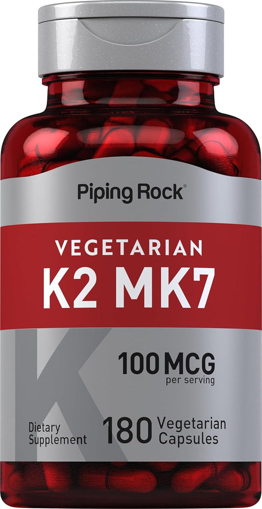 High Potency Vitamin K2 MK7 Supplement | 100 mcg | 180 Vegetarian Capsules | Non-GMO, Gluten Free by Piping Rock