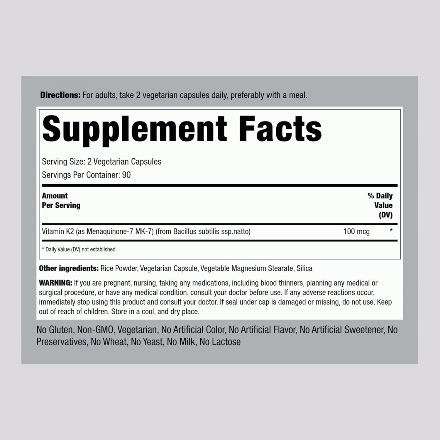 High Potency Vitamin K2 MK7 Supplement | 100 mcg | 180 Vegetarian Capsules | Non-GMO, Gluten Free by Piping Rock