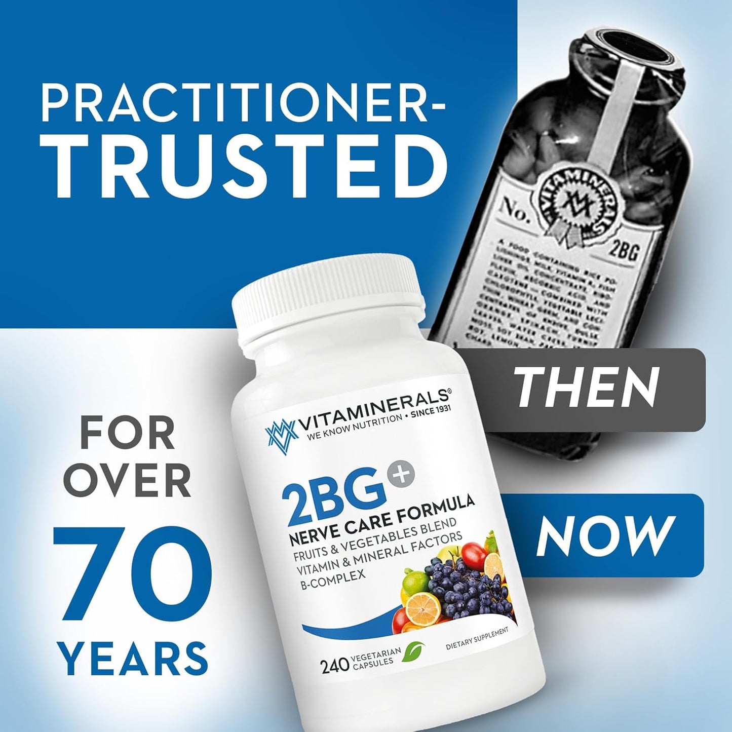 High Potency Vitaminerals 2BG+™ B Complex with Immune Support | Fruits & Veggies Blend | 240 Veggie Capsules
