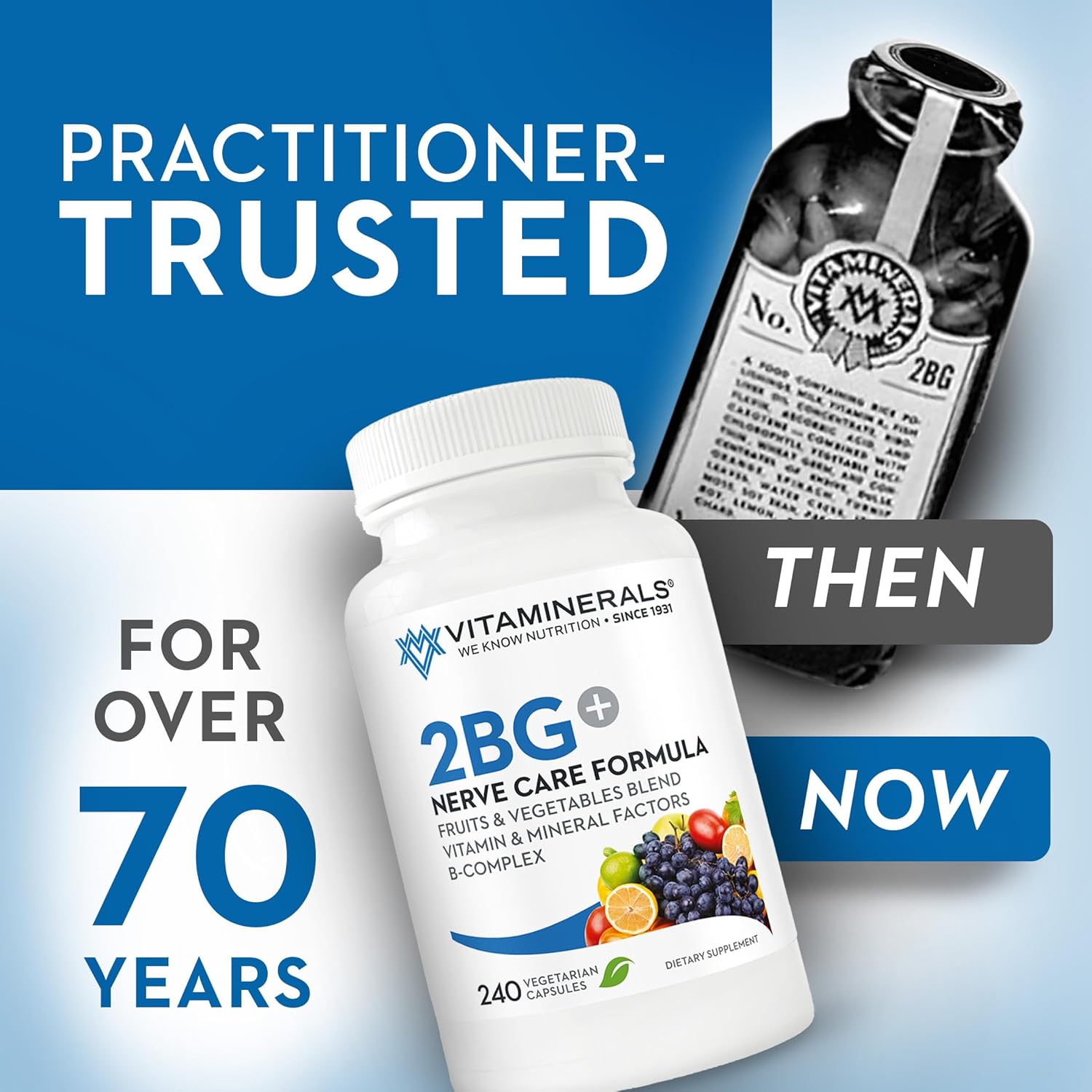 High Potency Vitaminerals 2BG+™ B Complex with Immune Support | Fruits & Veggies Blend | 240 Veggie Capsules