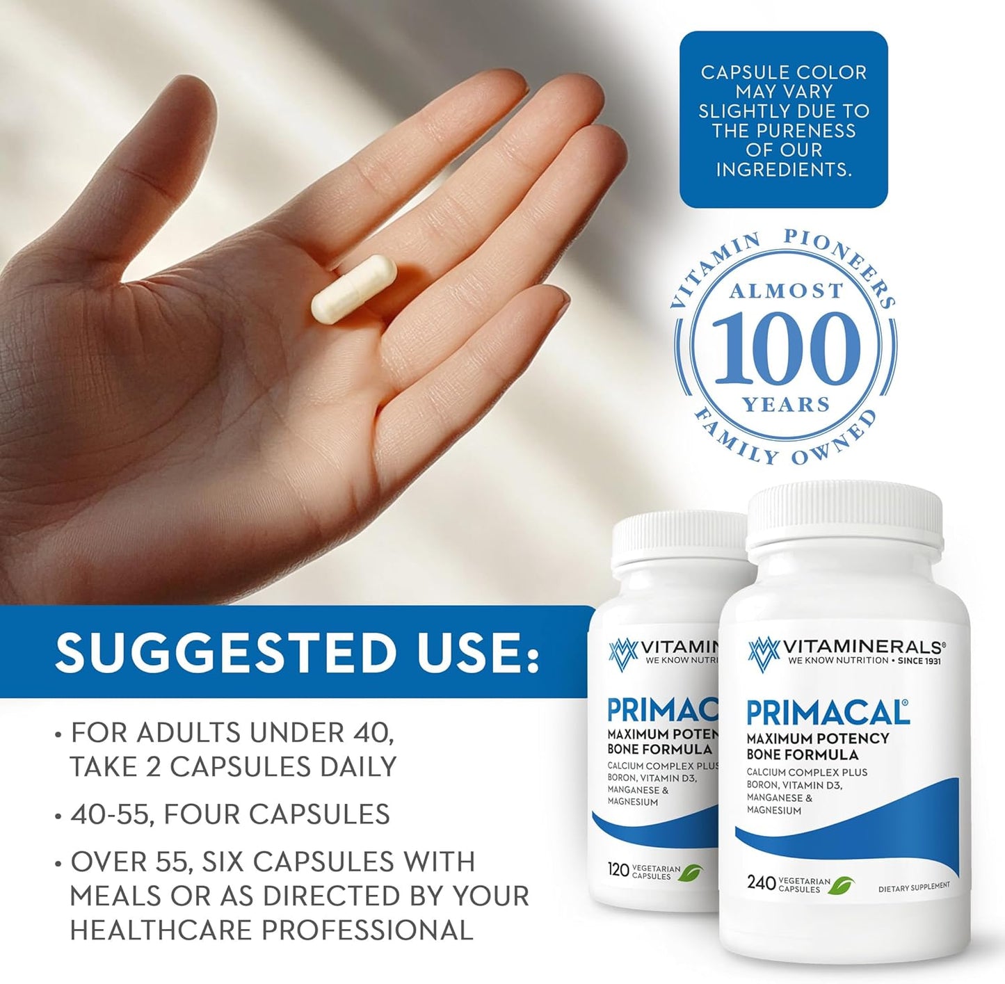 High Potency Vitaminerals 95 Primacal® Bone Support with Calcium and Magnesium for Bone Loss - 120 Tablets