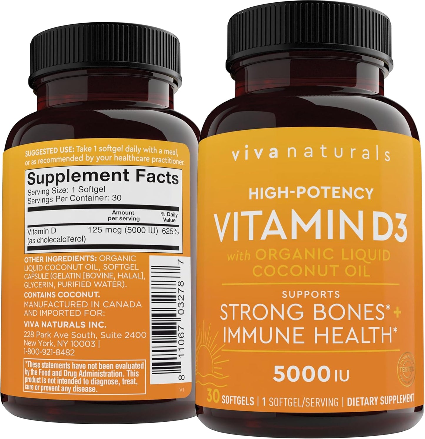 High Potency Viva Naturals D3 Vitamin 5000 IU Softgels - 30 Softgels with Organic Coconut Oil for Immune Health & Strong Bones