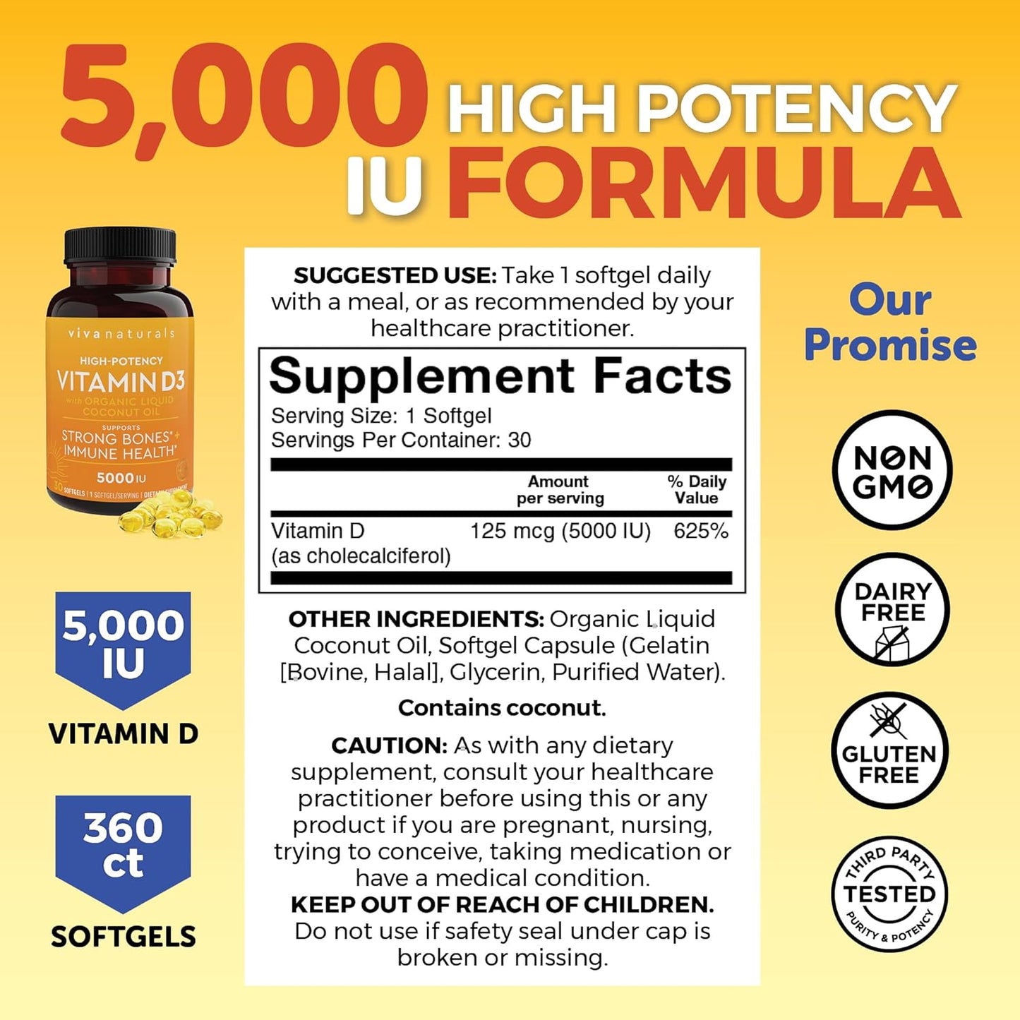 High Potency Viva Naturals D3 Vitamin 5000 IU Softgels - 30 Softgels with Organic Coconut Oil for Immune Health & Strong Bones