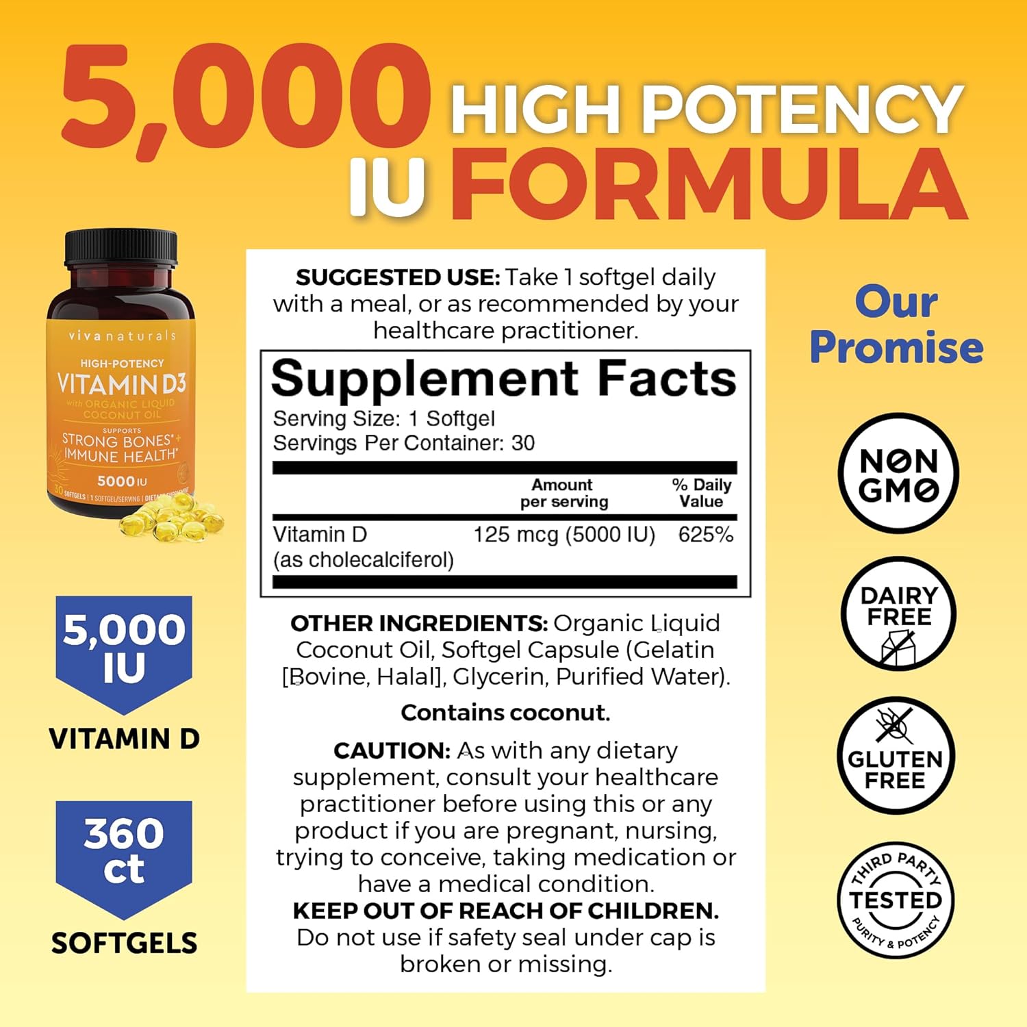 High Potency Viva Naturals D3 Vitamin 5000 IU Softgels - 30 Softgels with Organic Coconut Oil for Immune Health & Strong Bones
