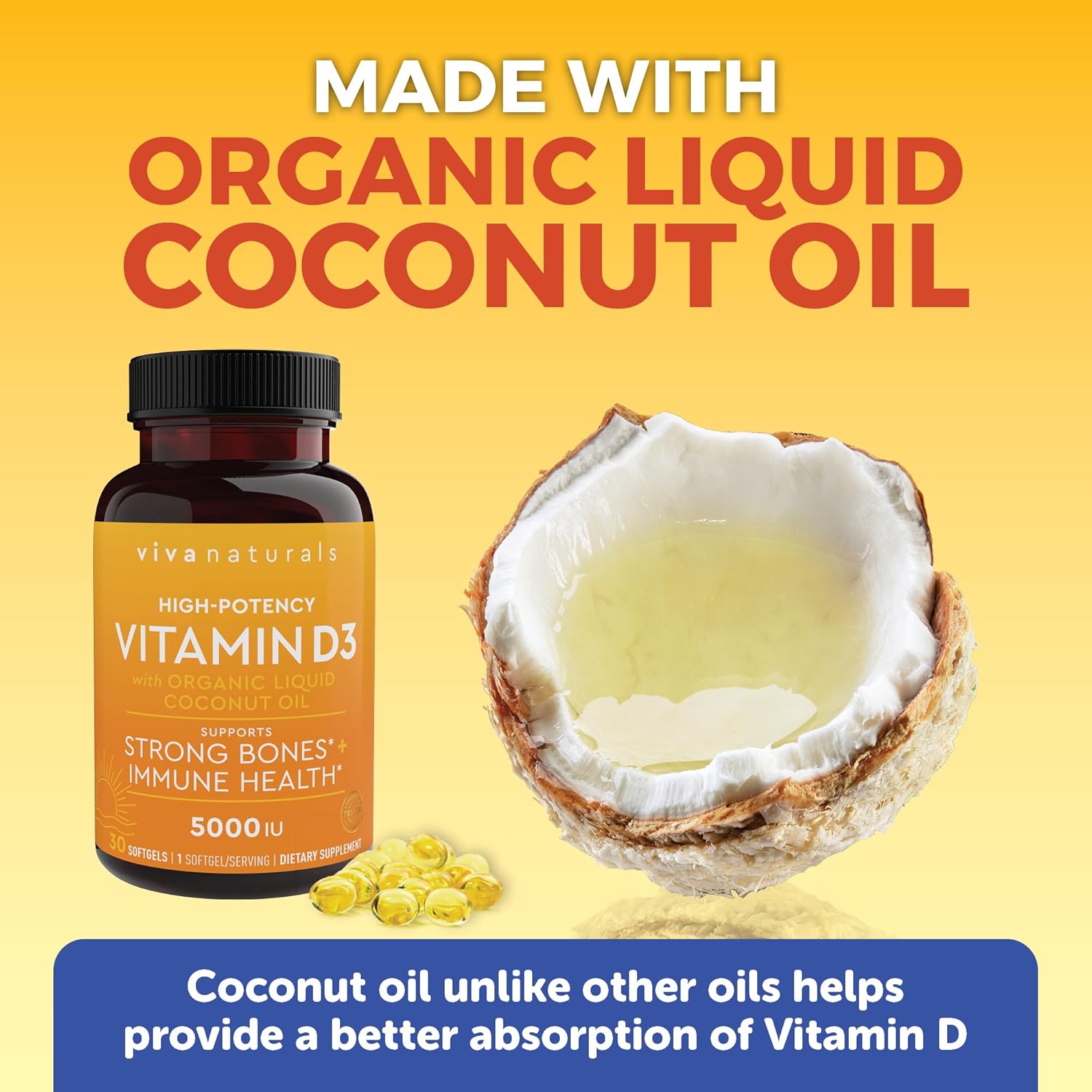 High Potency Viva Naturals D3 Vitamin 5000 IU Softgels - 30 Softgels with Organic Coconut Oil for Immune Health & Strong Bones