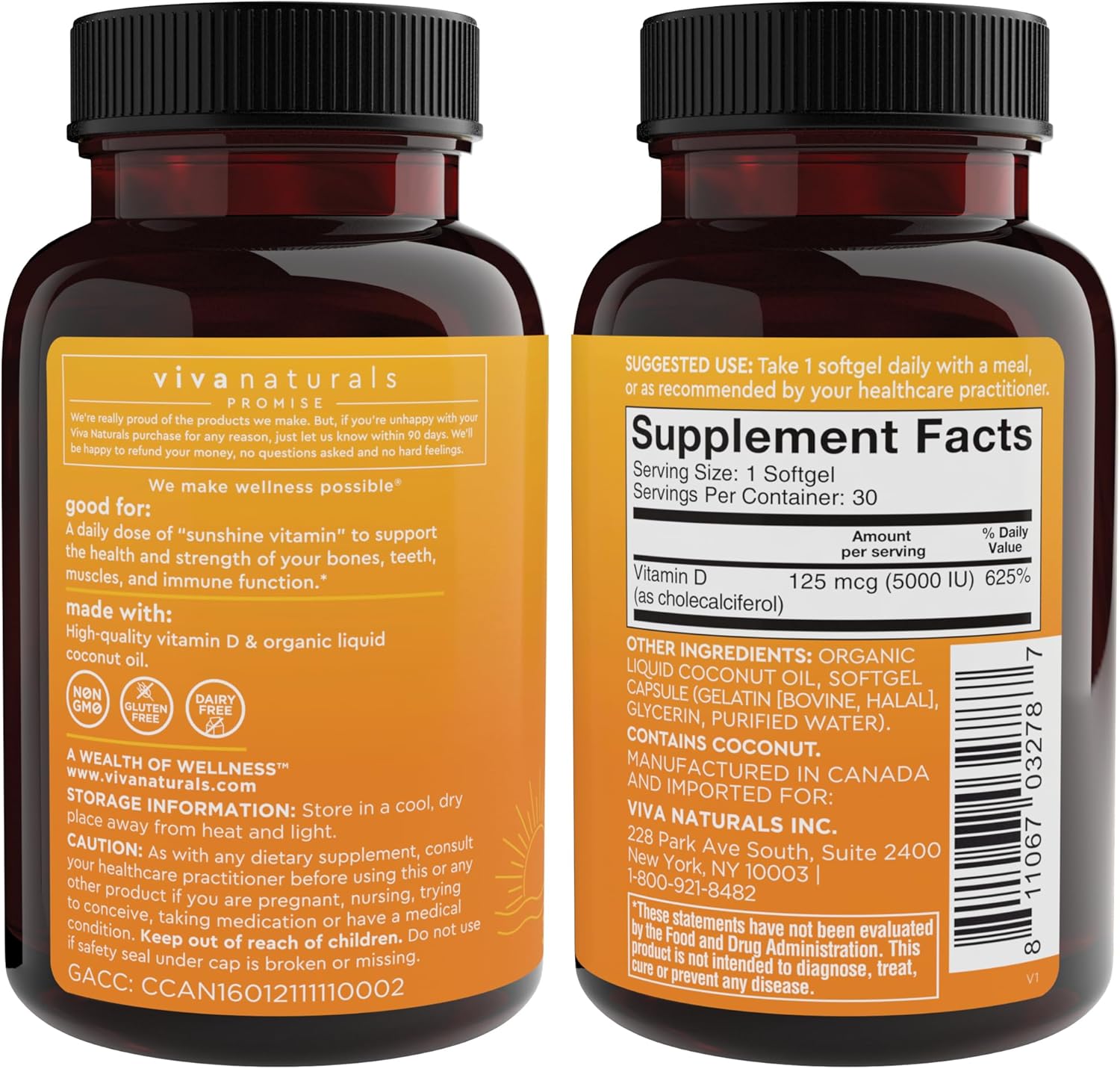 High Potency Viva Naturals D3 Vitamin 5000 IU Softgels - 30 Softgels with Organic Coconut Oil for Immune Health & Strong Bones