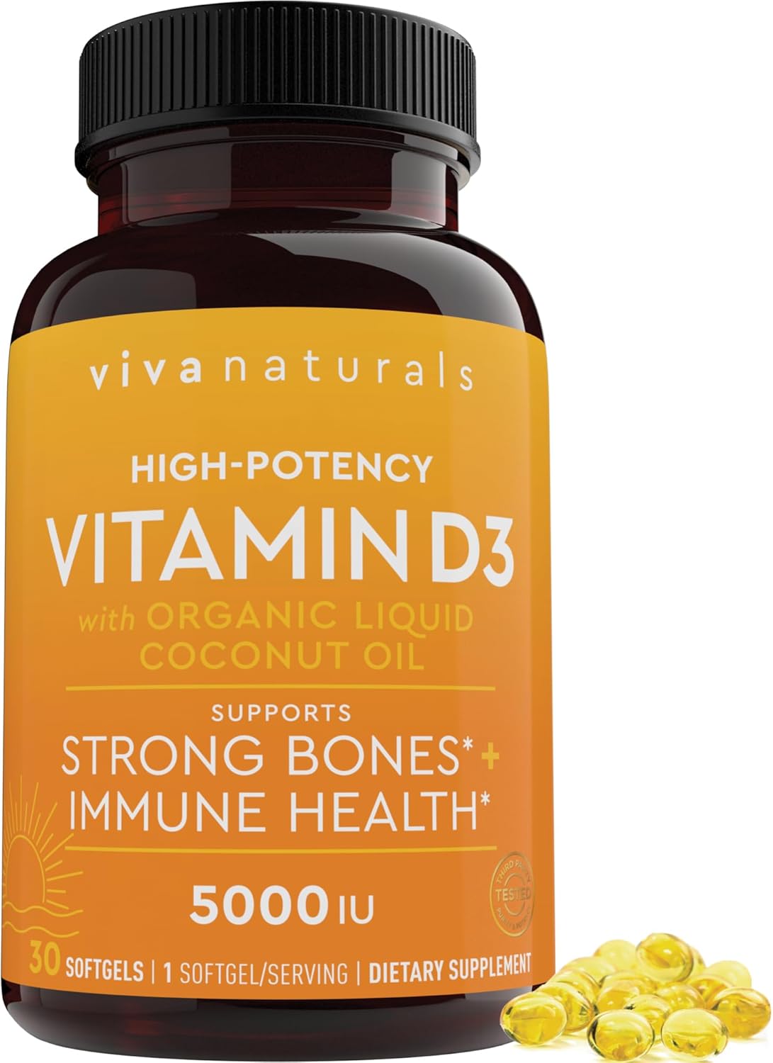 High Potency Viva Naturals D3 Vitamin 5000 IU Softgels - 30 Softgels with Organic Coconut Oil for Immune Health & Strong Bones