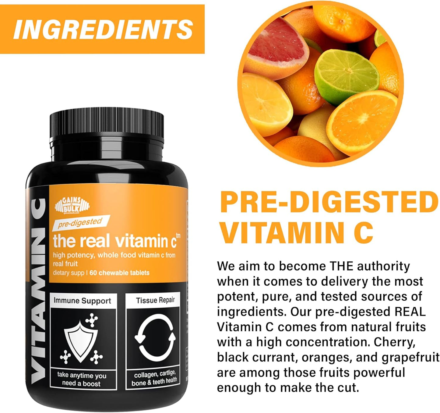 High Potency Whole Food Vitamin C Supplement by Gains in Bulk - 60 Vegan Chewables from Plant Sources