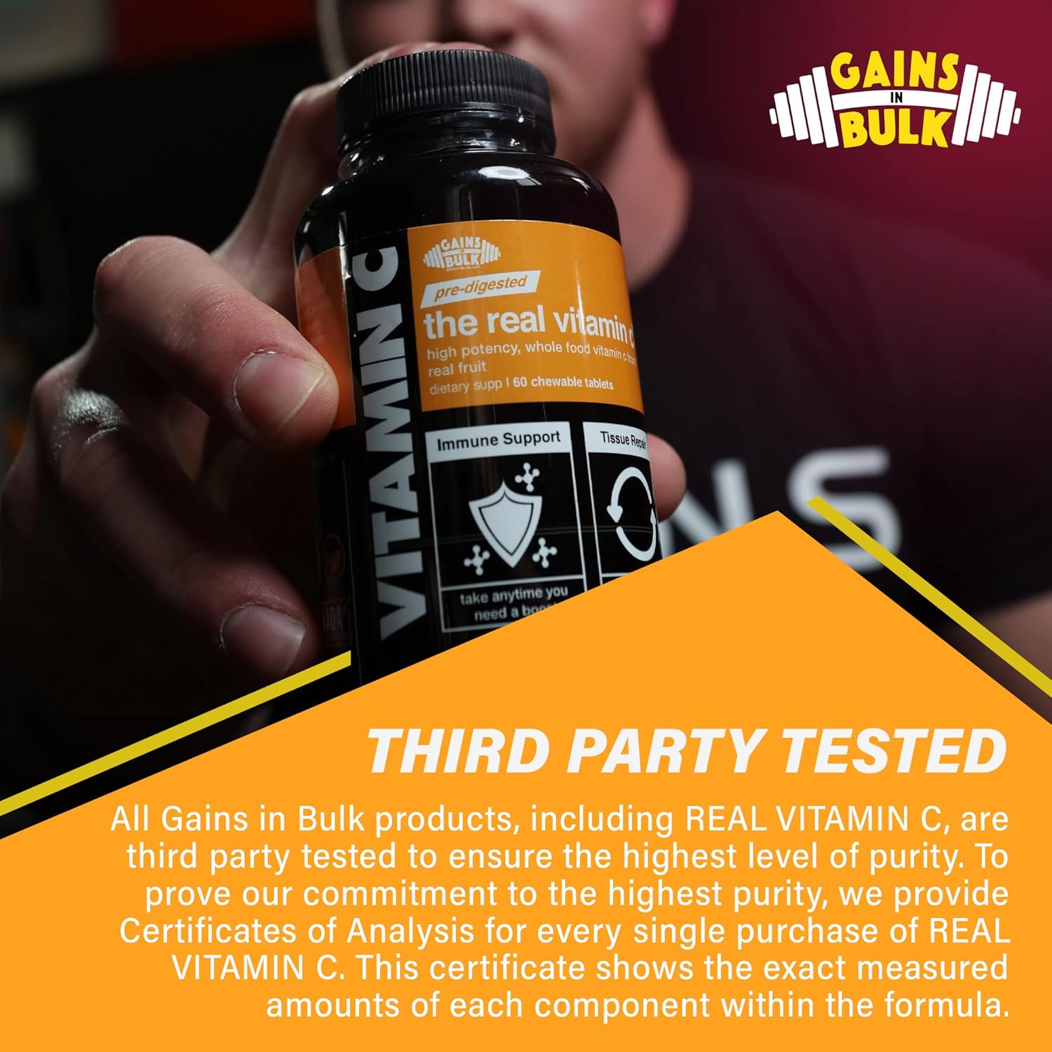 High Potency Whole Food Vitamin C Supplement by Gains in Bulk - 60 Vegan Chewables from Plant Sources